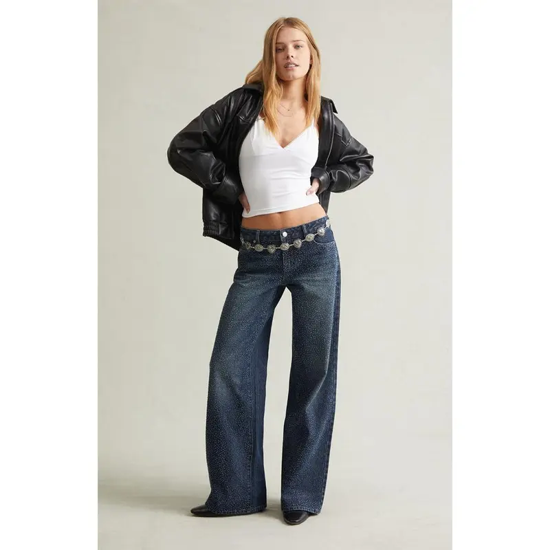 Pacsun Women's Casey Low Rise Baggy Jeans Rhinestone Medium Blue