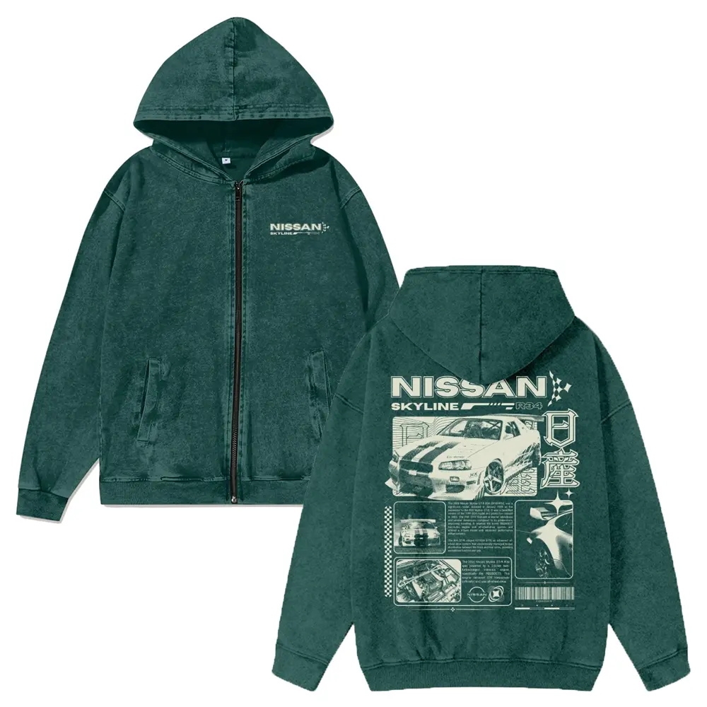 Men's Skyline R34 Japan Legend Car Hooded Sweatshirt, Fitted Long Sleeve Casual Tops, Washed Cotton Fabric Zipper Unisex Hoodie, Comfy, Retro Look, Zip-Up Hoodie, Weekend Outings