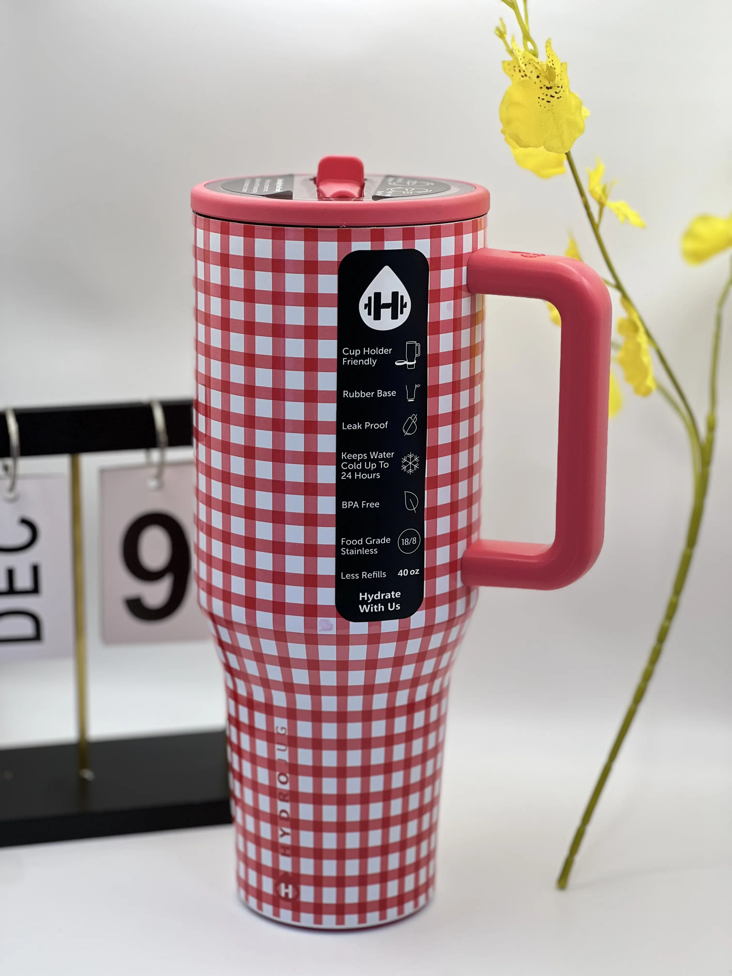 40oz Hydrojug red checkered insulated water bottle, portable flip-top with handle, straw, travel mug.