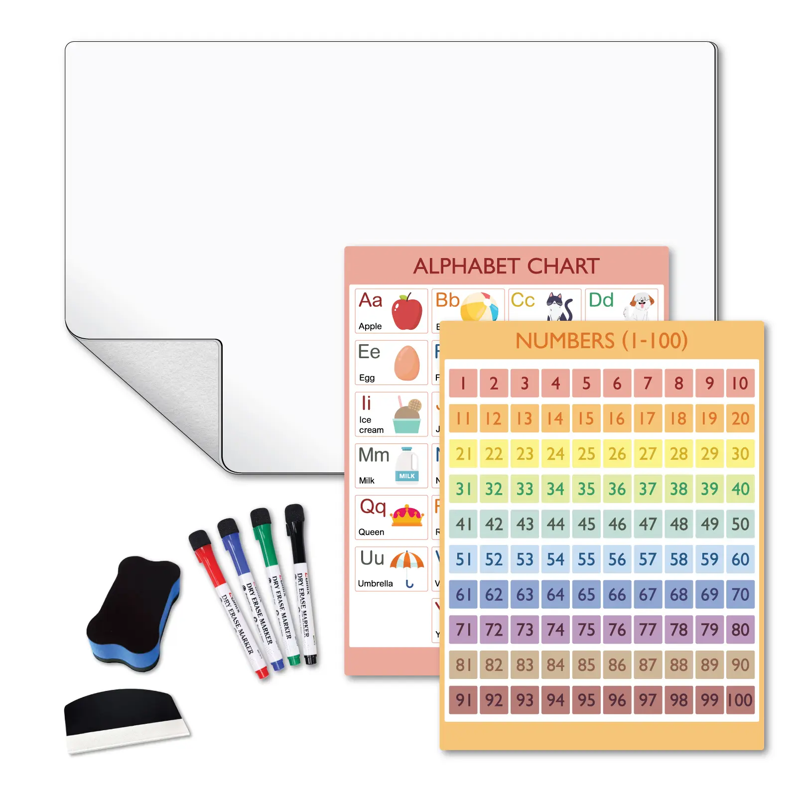 【Back To School】Comix Kids' Magnetic Soft Whiteboard Set - Peel & Stick Dry Erase Wall Sticker with Alphabet and Number Sheets, Damage-Free Adhesive Backing, Ideal for DIY School & Home School