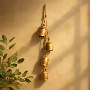 Metal Cluster Indoor Outdoor Decorative Bells with 4 Bells on Jute Hanging Rope 4" x 3" x 29"