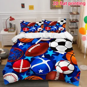 2D Flat 3Pcs Sports Pattern Bedding - Basketball Football Soccer Printed Quilt Cover with Pillowcases, Stylish Athletic Theme Bedspread for Bedroom Home Decor