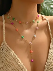 2 Pcs Floral Y-Shape Necklaces, Dopamine Fashion Unique Collar Chains, Multicolor Crystal Flowers & Gold Beads, Sweet Style Accessory