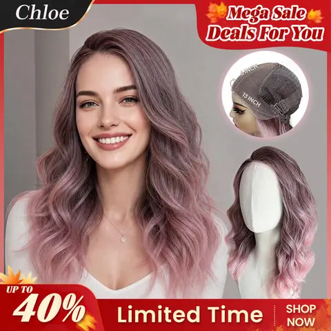 [Chole] VSIGN 13x6 HD Pre-Cut Lace Ombre Dusty Rose Pink Dark Roots Long Wavy Scandi Hairline Low Density Premium Futura Heat Resistant Fiber Front Lace Glueless Wig Soft Hair Beginner-Friendly for Women Daily Party Halloween Cosplay Wear