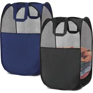 2 pop-up foldable mesh laundry baskets each with 2 reinforced handles, black + blue