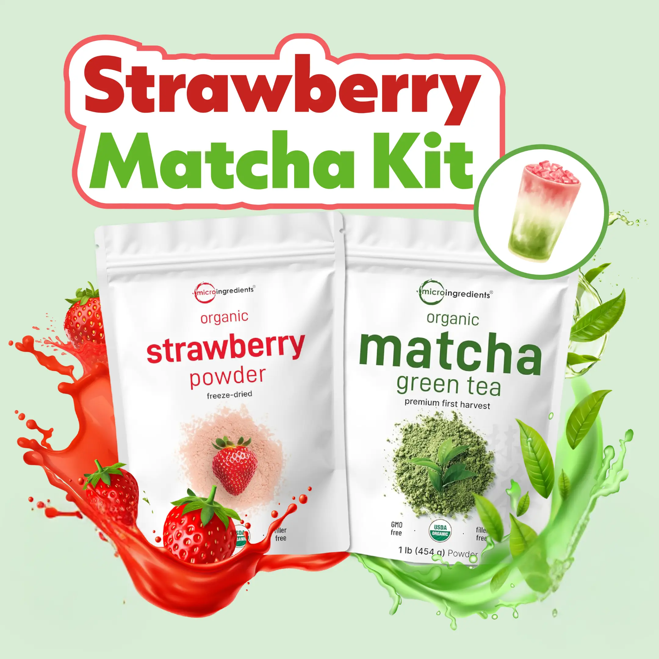 Micro Ingredients Strawberry Matcha Kit: Organic Strawberry Powder 1LB & Organic Matcha Green Tee Powder 1LB