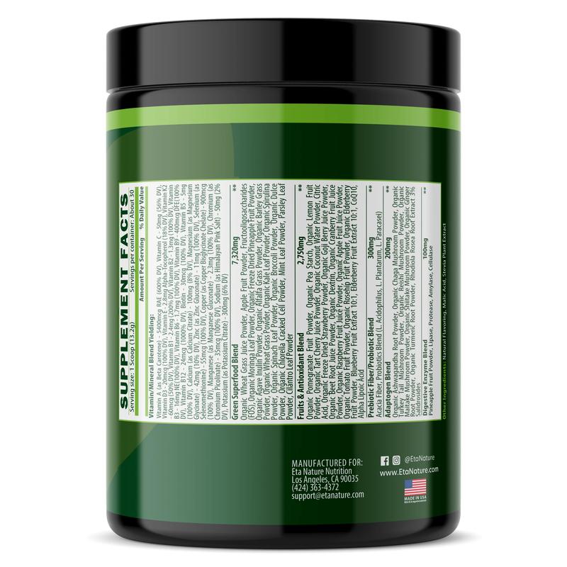 ETANATURE Superfoods & Greens Powder – Organic Blend with Wheatgrass, Spirulina, Probiotics, Enzymes & Adaptogens for Energy, Immunity & Gut Health – 396g Supplement