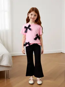 Girls' Summer New Casual Fashion Comfortable Slim Fit Sweet Cool Lolita Style Butterfly Knot Short Sleeve High Waist Bell Pants Set Casual Outfit Set