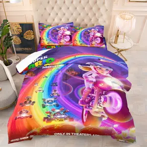 Super Mario Bros Movie Print Comforter Set, Includes 1 Quilt and 1 or 2 Pillowcases, Soft Warm Cozy, Peach Rainbow Kart Racing Charm - Classic Fan Gift & Game Room Decor