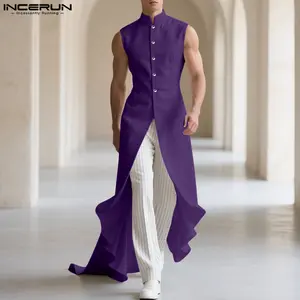 INCERUN Men's Deconstructed Long Tail Vest with Stand Collar & Ruffle Hem. Elegant, Fashion-Forward and Sophisticated.