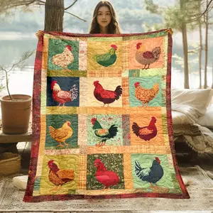 Farmhouse Chicken Print Quilt - Lightweight Flannel Blanket with Rooster - All-Season Sofa, Bed, Camping Throw - Easy-Care Soft Warm Bedspread, Chicken Kitchen Decor, Contemporary Flannel, Durable Comfort, Rustic Design, Highquality Material, Adult Gifts