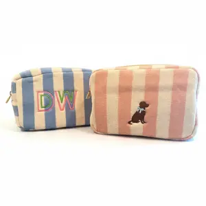 Custom Embroidered Striped Zip Cosmetic Case | Personalized Terry Makeup Bag | Monogrammed Pouch | Gift for Her