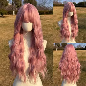 SMILCO 26" Wavy Pink  Synthetic Wig, with Curtain Bangs, Glueless, Natural-Looking Scalp,Holiday Haul, Full Machine Cap, Adjustable Straps & Breathable Cap, Vibrant Color & Soft Texture SM597