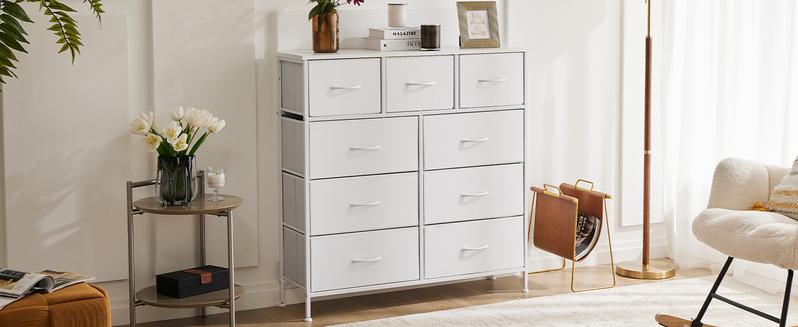 【New Color】Fabric Storage Tower with 9 Drawers, Bedroom Drawer Dresser Organizer, Chest of Drawers with Fabric Bins, Steel Frame and Wooden Tabletop
