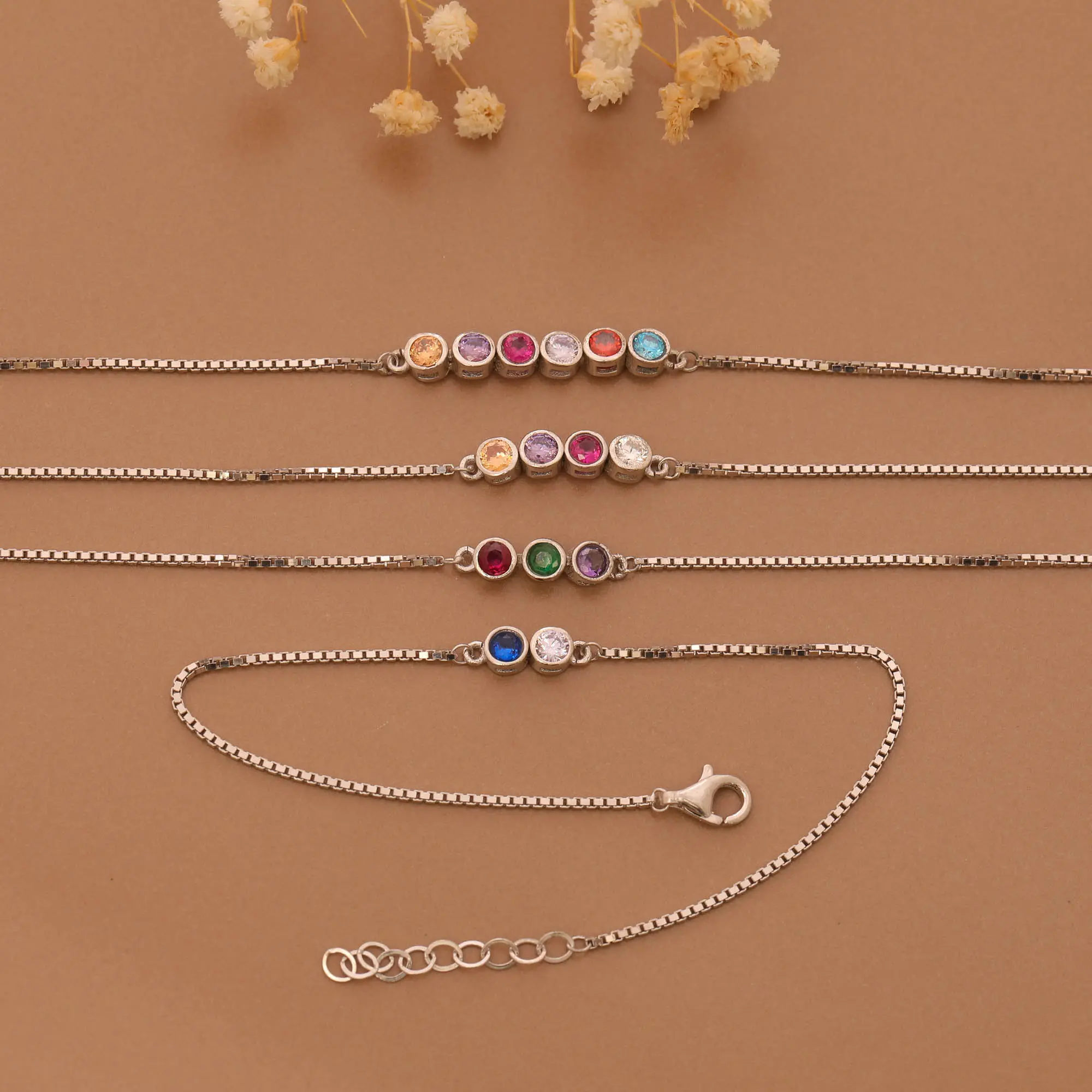Personalized Silver Birthstone Bracelet, Birth Month Family Box Chain Birthstone, Family Keepsake