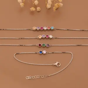 Personalized Silver Birthstone Bracelet, Birth Month Family Box Chain Birthstone, Family Keepsake