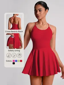 Women's Spring Summer Sports Dress, Slim Fit Backless Golf Tennis Skirt with Pockets, Long Sleeve Above the Knee Yoga Fitness Short Skirt, Tennis Attire, Workout Exercise Dress