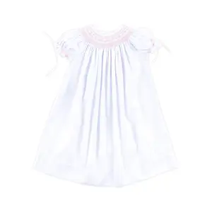 Geo Smocked White Pique Dress
