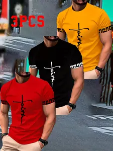 Men's 3-Pack Fashion Classic Casual Streetwear T-Shirts, Outdoor Commute, Round Neck Short Sleeves, All-Over Print, Breathable Fabric