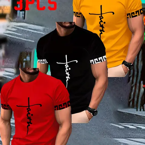 Men's 3-Pack Fashion Classic Casual Streetwear Menswear T-Shirts, Graphic T Shirts, Outdoor Commute, Round Neck Short Sleeves, All-Over Print, Breathable Fabric