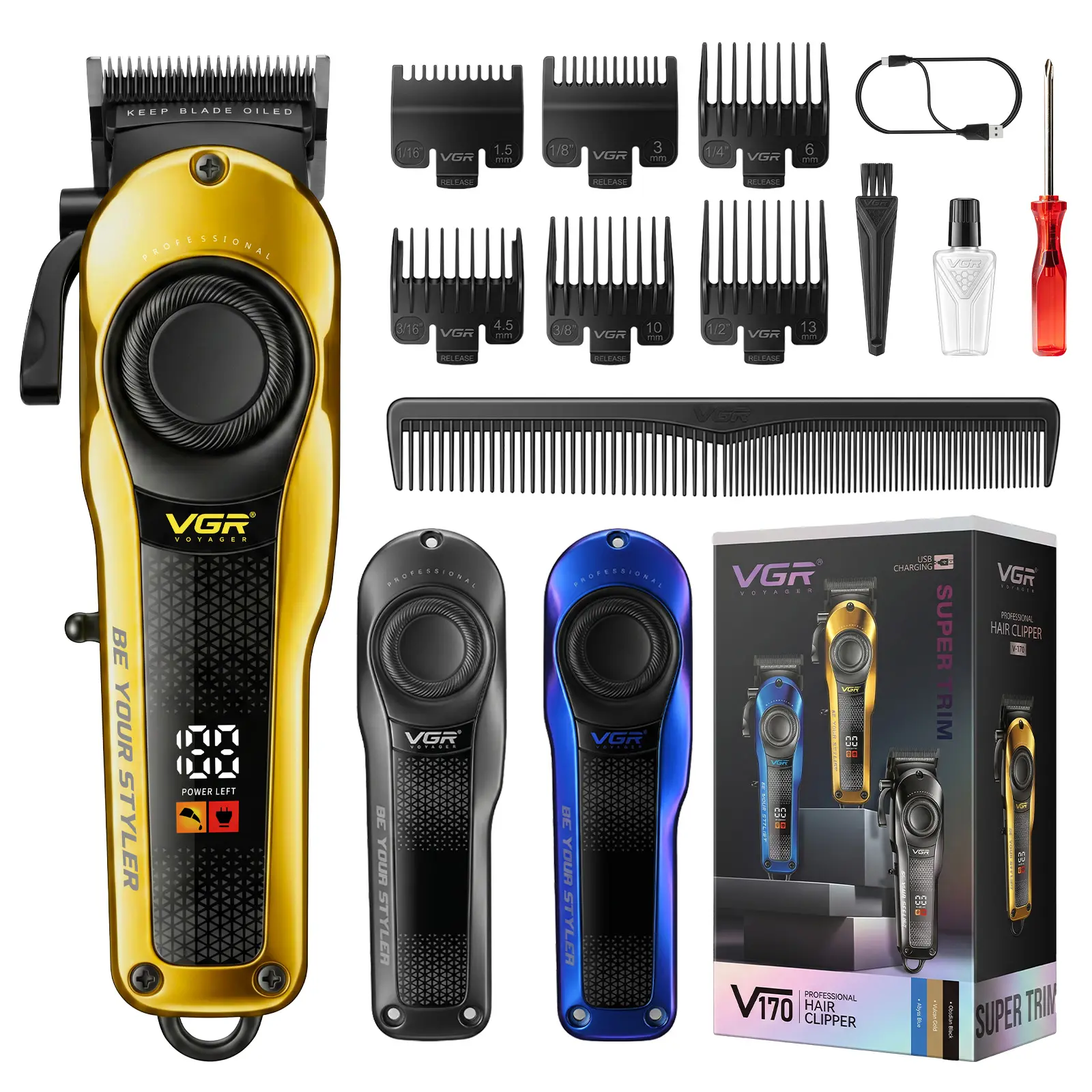 VGR 170 Professional Hair Clippers for Men, Cordless Hair Clipper with Titanium Blades, LED Battery Display, Complete Haircut Kit for Barber, Home & Travel