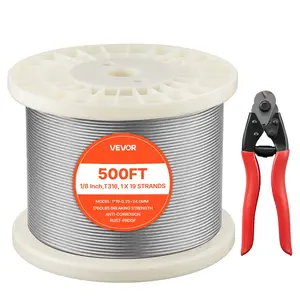 VEVOR 1/8 Inch Wire Rope, 500 ft Length, 316 Stainless Steel Wire Cable with Cutter, 1760 lbs Breaking Strength, 1 x 19 Strands Construction, Steel Cable for Deck Railing System, Garden Trellis