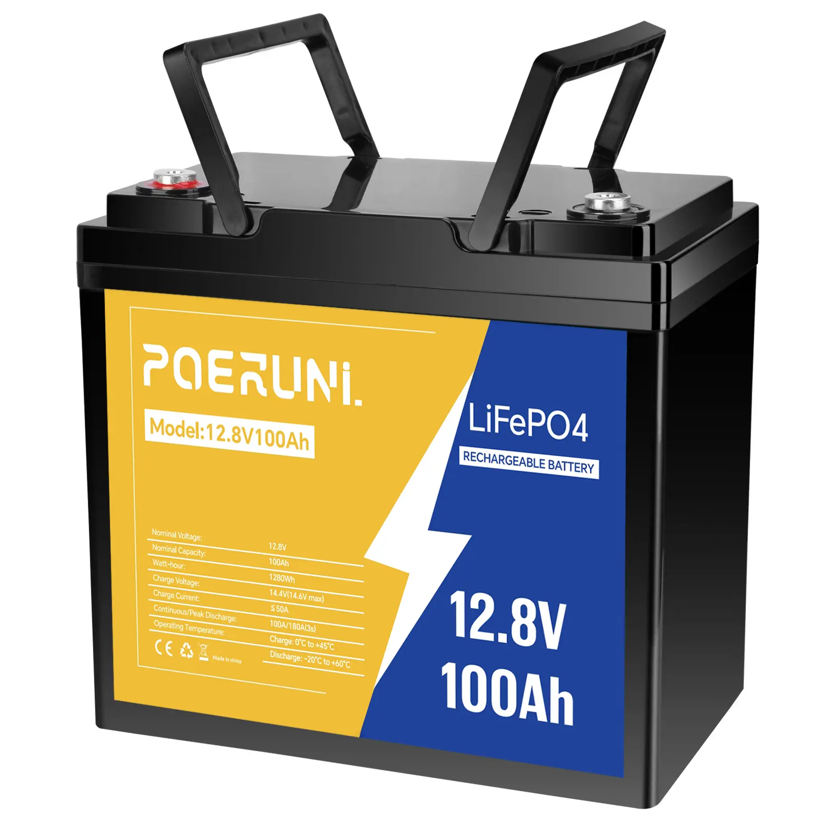 POERUNI 12V 100Ah LiFePO4 Lithium Battery Built-in BMS Cycle Deep for Solar RV Off-grid,sohochic