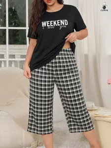Women's Plus Size Knitted Pajama Set, Loungewear Pajamas Set, Letter Print Short Sleeve Top & Plaid Seven-Quarter Pants, Wearable Sleepwear, Loungewear, Casual Loungewear Set