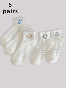 Women's Random Cartoon Smile Face Print Crew Socks, Casual Comfortable Breathable Socks for Daily Wear, Women's Socks for All Seasons, Casual Comfy Socks