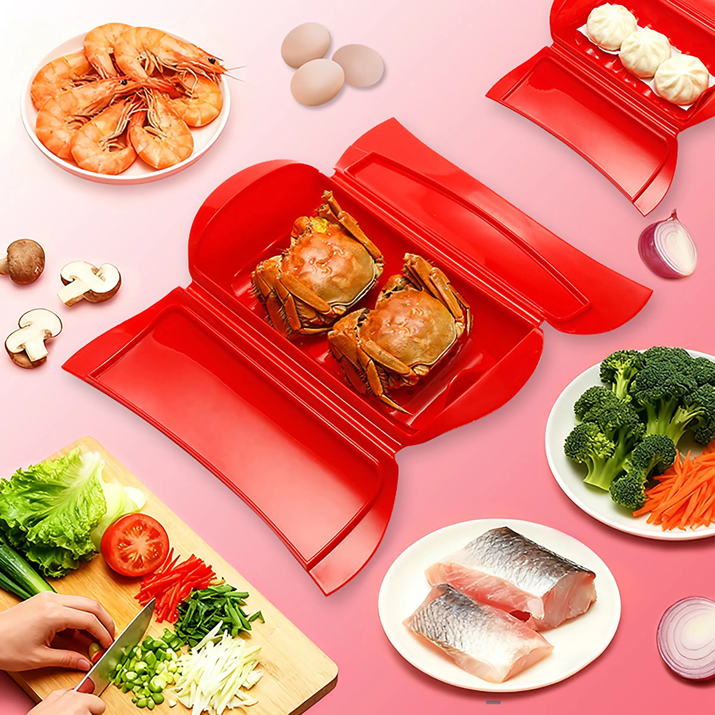 1 Piece Microwave Steamer Pot, Silicone Steaming Basket for Vegetables Fish Pork Beef, Detachable Rack, No BPA, Foldable, Freezer & Dishwasher Safe