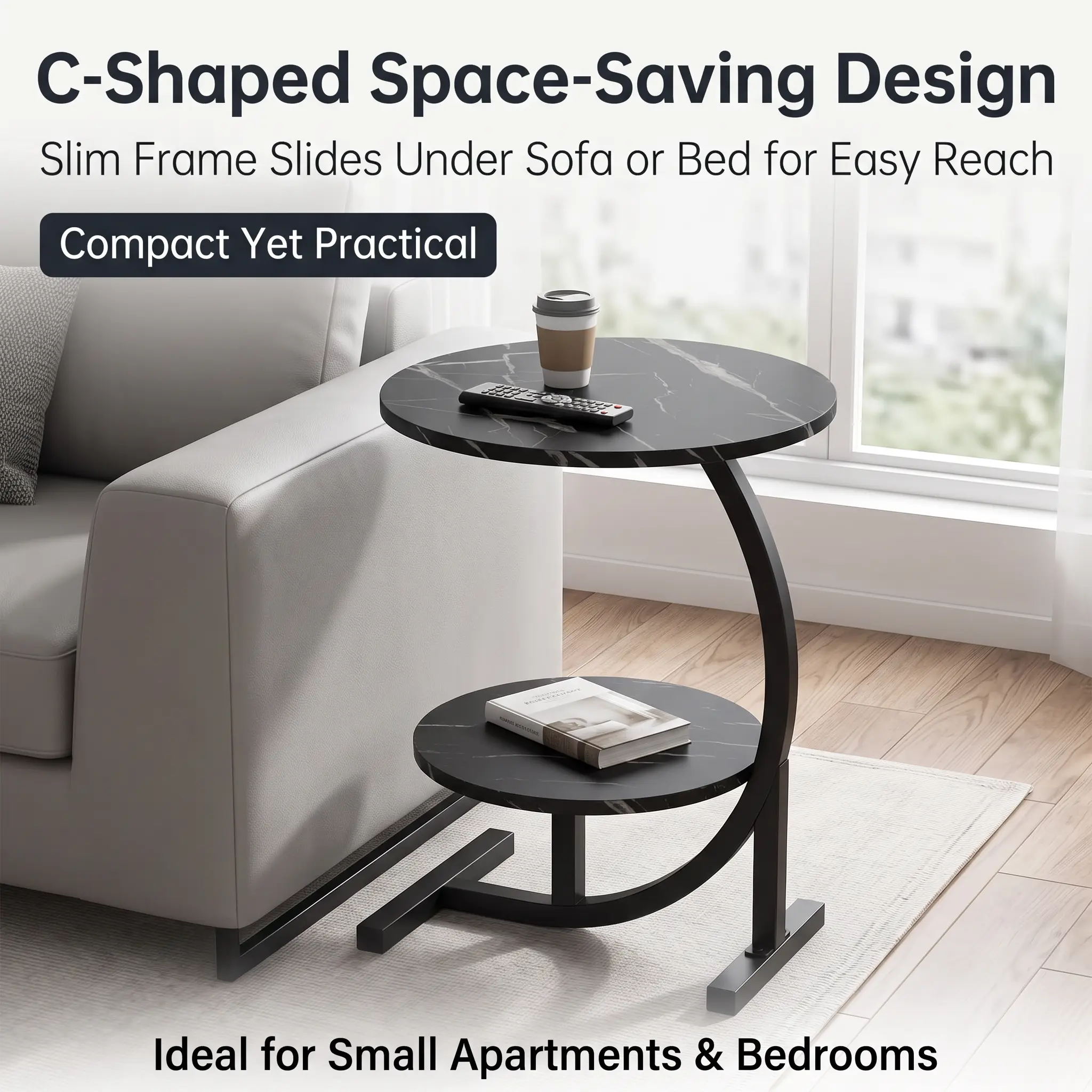 2 Tier Round Side Table, Modern C-Shaped Marble Grain End Table with Metal Frame, Small Nightstand for Couch Living Room Bedroom, Black