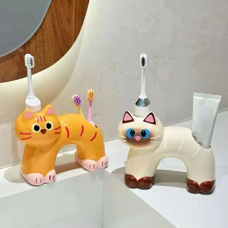 Ceramic Cat-Shaped Toothbrush Holder Creative Double-Slot Toothbrush Storage Rack Reusable Non-Slip Base Electric Toothbrush Stand