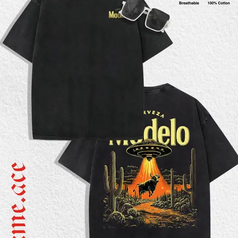 1 PCS Washed Black T-shirt, "UFO Bull Desert" Graphic Tee Outfit, Vintage Western Streetwear, 100% Cotton Breathable Unisex Loungewear, Ideal for Daily Wear & Beer Fans