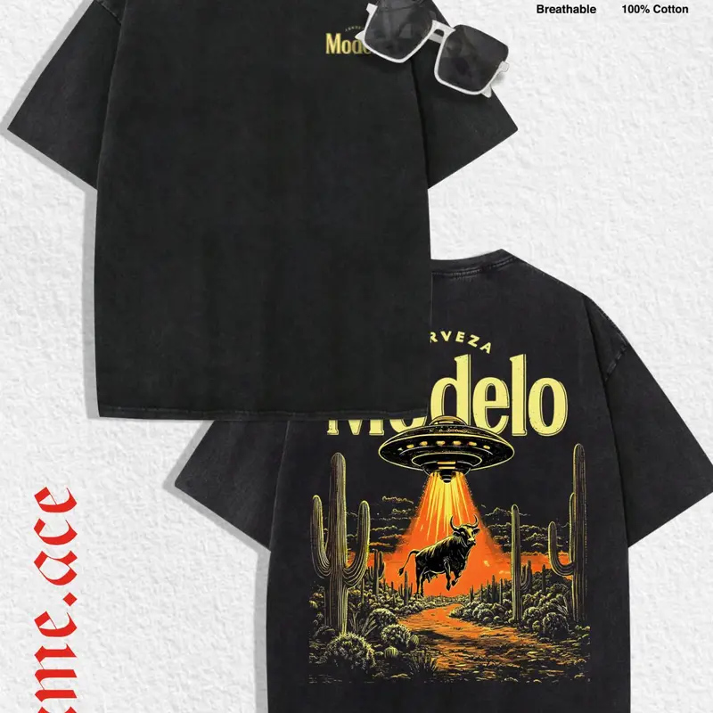 1 PCS Washed Black T-shirt, "UFO Bull Desert" Graphic Tee Outfit, Vintage Western Streetwear, 100% Cotton Breathable Unisex Loungewear, Ideal for Daily Wear & Beer Fans