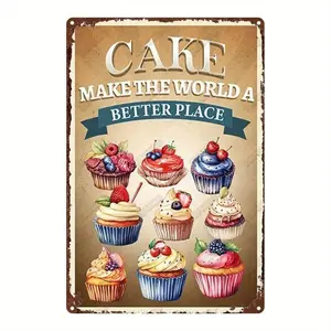 2D Flat, 1pc Vintage Cupcake Metal Poster - Retro Bakery Decor Wall Art Sign with "CAKE MAKE THE WORLD BETTER PLACE" Phrase - Heavy-Duty  Sheet for Kitchen, Cafe, Birthday Party - Cupcake Lover Gift (8x12 inch / 20x30cm) - Easy Hang Pre-Drilled Holes