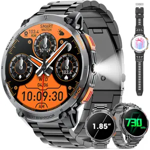 Military Smartwatch for Men, 1.85-inch HD Touchscreen, 730 mAh Battery, LED Flashlight, For Android and iOS (BT Call Answer/Dial), Fitness Tracker with Two Straps. Wearable Smartphone