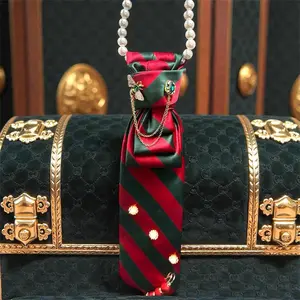 Designer Inspired Red Green and Gold Necktie with Embellishments and Chain Detail