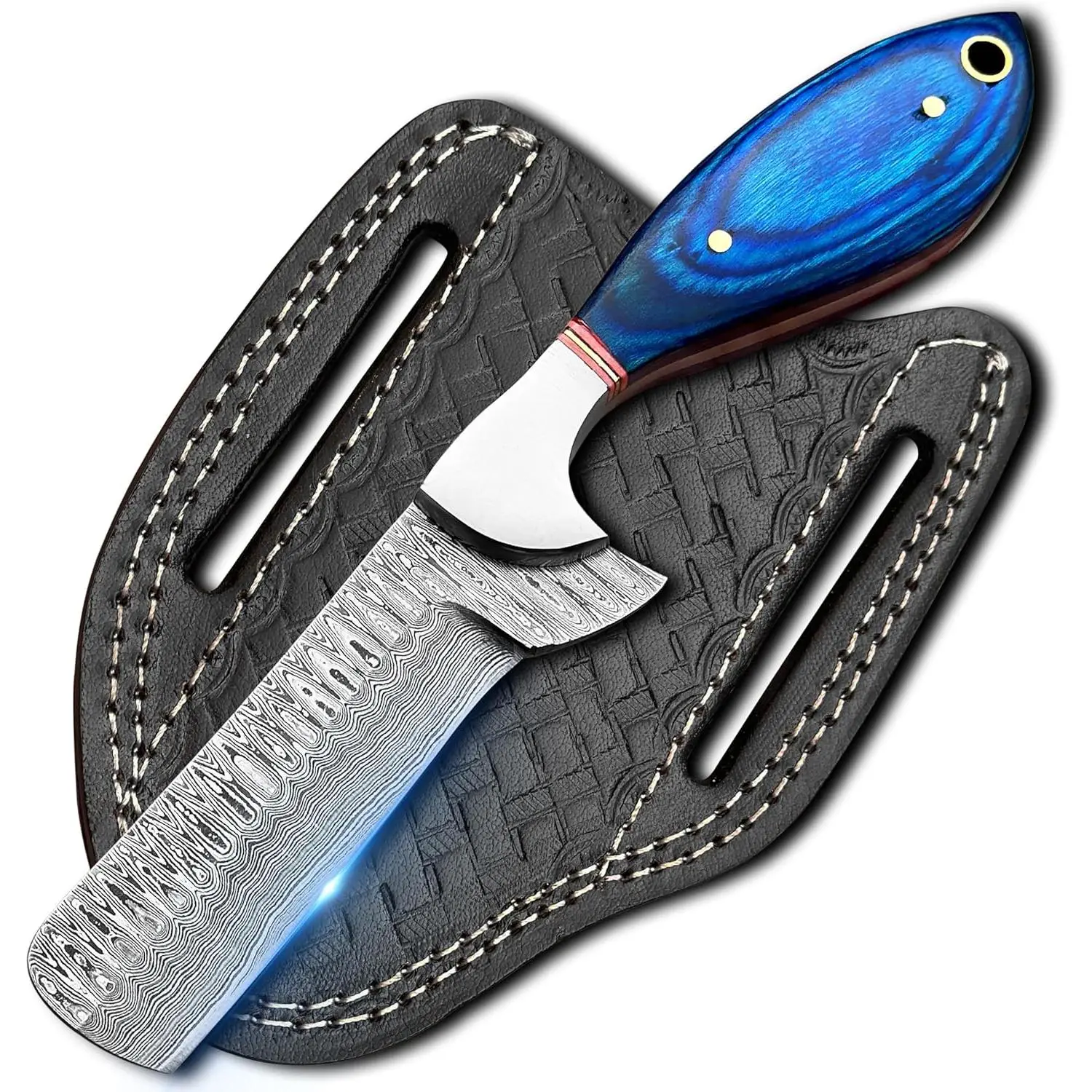 7'’Handmade Cowboy Knives with Leather Sheath - Sharp Handmade Damascus Bull Cutter Knife - EDC Fixed Blade Hunting Knife for Skinning, Camping, Bushcrafting and Outdoor Activities, Wooden Handel