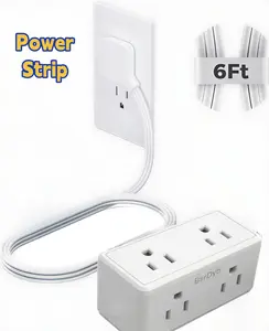 Surge Protector Flat Extension Cord 6Ft, 6 Outlets Power Strip with Flat Plug, Surge Protection, Ideal for Home Office Dorm, White，Essential Charging Station，Indoor Use