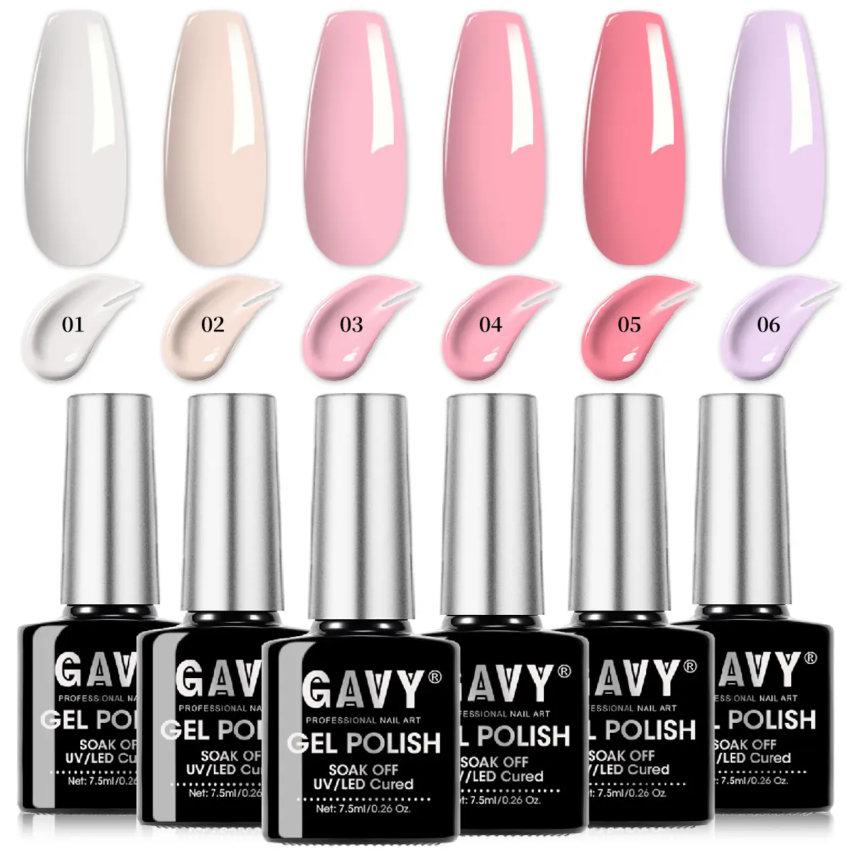 GAVY 6-Pack Pastel Gel Nail Polish Set #01-06 - UV LED Soak-Off, Glossy Wipe-Off, Long-Lasting for Manicure, Bridal Occasions (Soft Nude Pink, Lavender Cream, Peach Shades) | Nail Care Multi-Pack, Gel Nails At Home