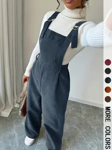 Women's Casual Woven Jumpsuit with Adjustable Straps, Button Front Design, Fitted Style for Fall & Winter Seasons