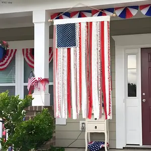 American Flag Banner Patriotic Decor, 50x27 Inch Rustic Boho Burlap Tassel Garland, Americana Wall Hanging for 4th of July, Memorial Day & Independence Day Party, Home & Outdoor Celebration Decoration