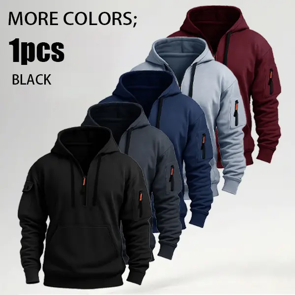 Men's Solid Color Half-Zip Fleece-Lined Thick Cozy Athletic Hoodie - Zip Up Hoodies, Athletic Top, Exercise Sweat Shirt, Casual Fitness Wear for Gym & Outdoor Sports