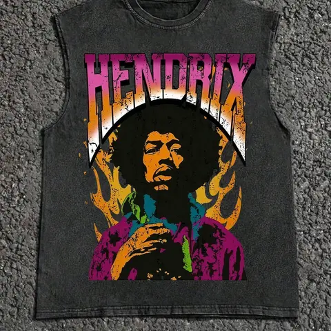 Men's Oversized Retro Washed Black Loose-Fitting Tank Top - Casual Sleeveless Vest with Psychedelic Rock Star Portrait & Flame Graphic Print, Trendy Streetwear Menswear for Outdoor, Daily Wear