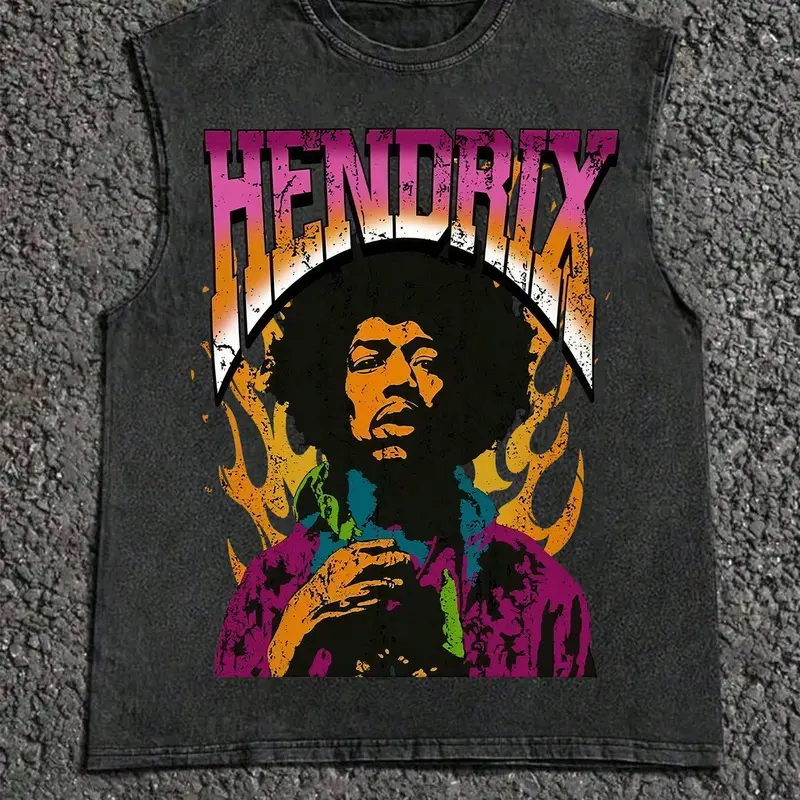 Men's Oversized Retro Washed Black Loose-Fitting Tank Top - Casual Sleeveless Vest with Psychedelic Rock Star Portrait & Flame Graphic Print, Trendy Streetwear Menswear for Outdoor, Daily Wear