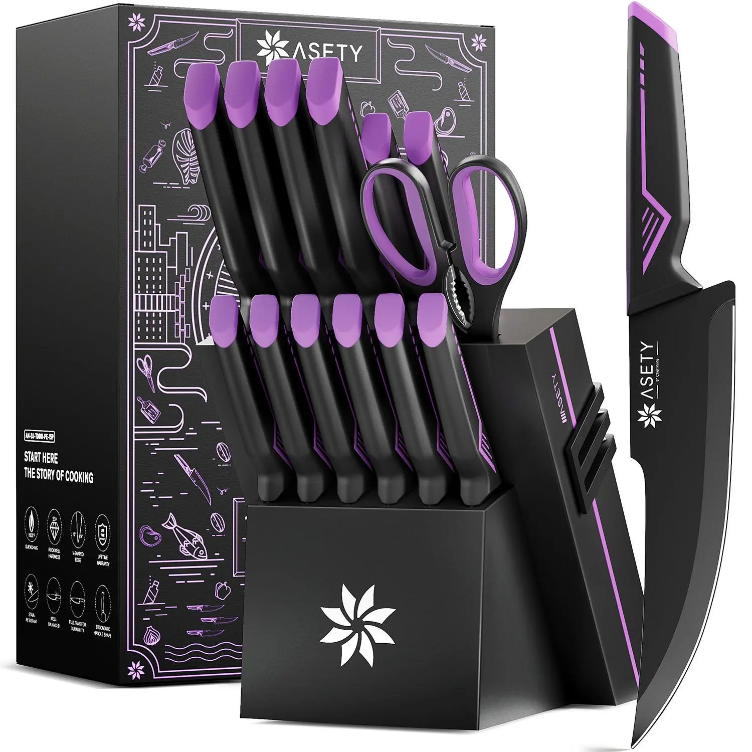 ASETY 15PCS Modern Cyberpunk Stainless Steel Thick Ergonomic Kitchen Knife Block Set, Kitchenware with Built-in Sharpener, Multi-Size Angular Knives, Slicer, Dishwasher-Safe, Gift-Ready Elegant Box for Cutting Tasks