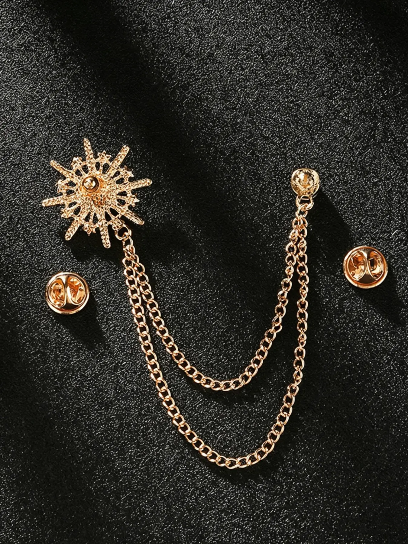 Men's sun Hanging Chain Brooch with Stone Detailing, Engraving, Metal Crystal, Suit Stud Lapel Pin, Vintage Rhinestone Breastpin Wedding Brooch Pin, Gold and Silver, Alloy Brooch Pin, Crystals Brooch