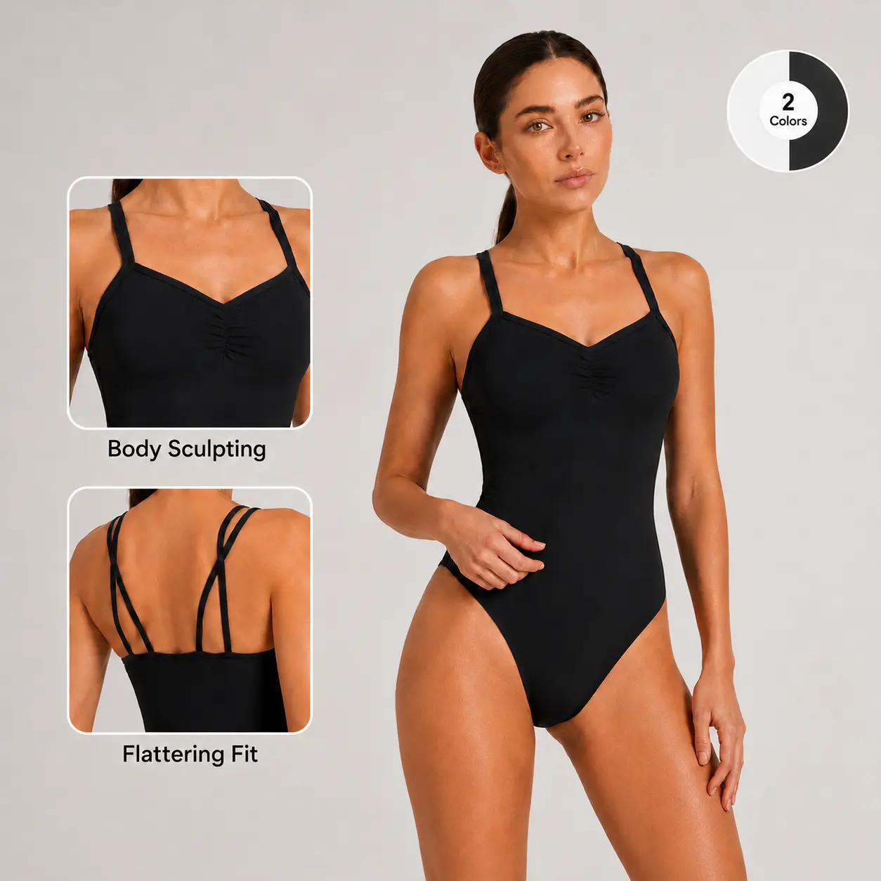Women's Workout Bodysuit, Ruched Bust Double Strap Cross Back Slim Fit Yoga Top, Soft Stretch Breathable Activewear