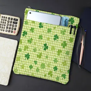 1PC Green Clover Pattern Print Book Cover with Zipper Closure - Book Protector & Storage Bag, Front Pocket for Students, Teachers, Office Supplies.