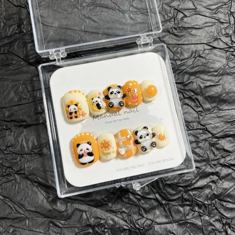 Cute Cartoon Press On Nails Handmade Yellow Brilliant Sunflower Cute Panda Short Round Fake Nail Patches